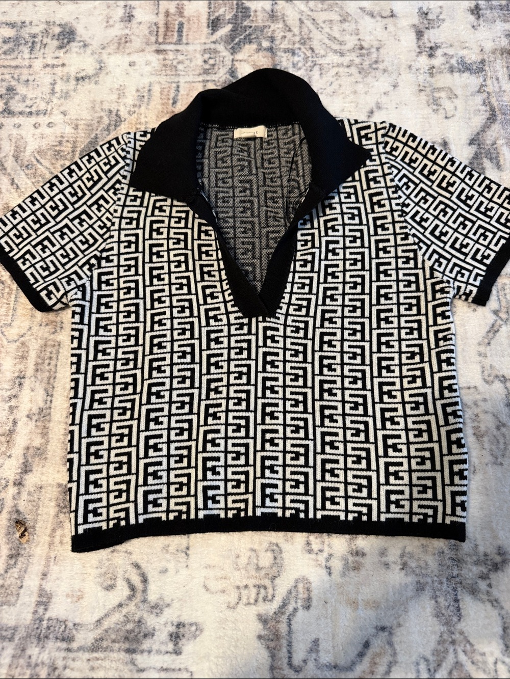 Black & White Geometric Polo Sweater - women